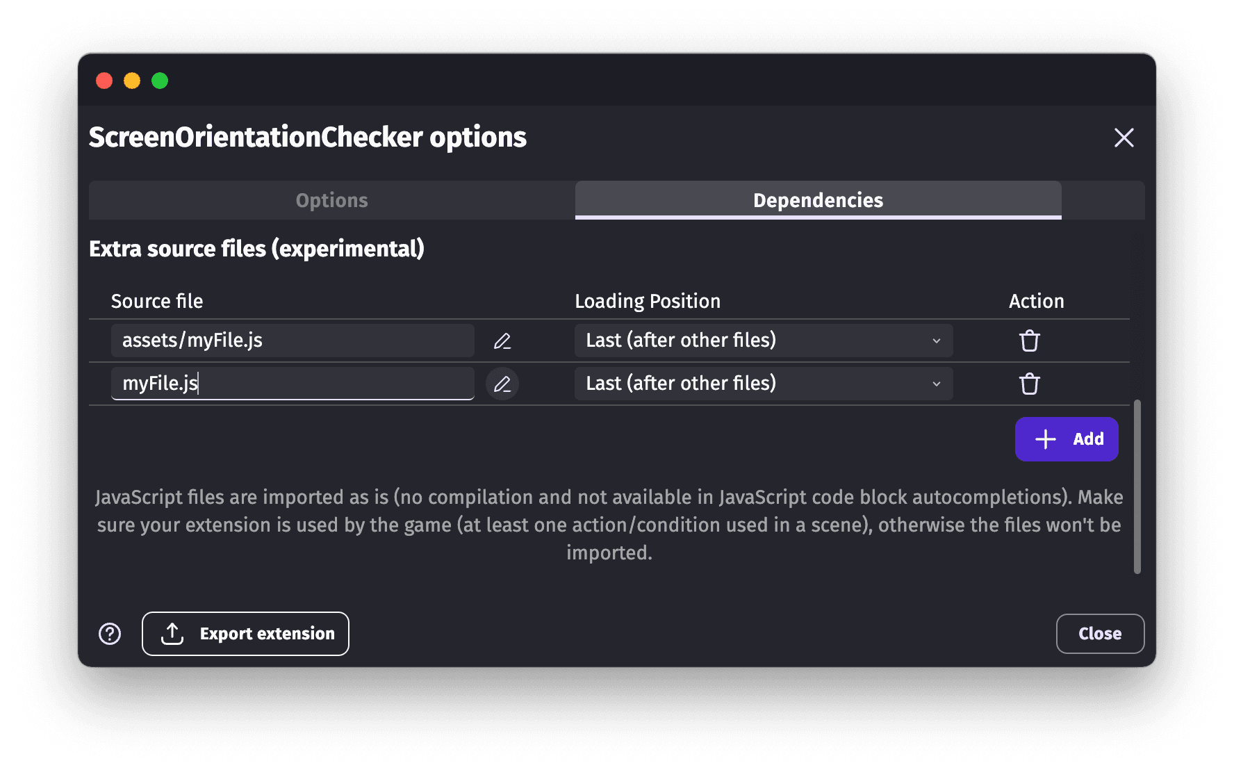 Add a JavaScript file to an extension