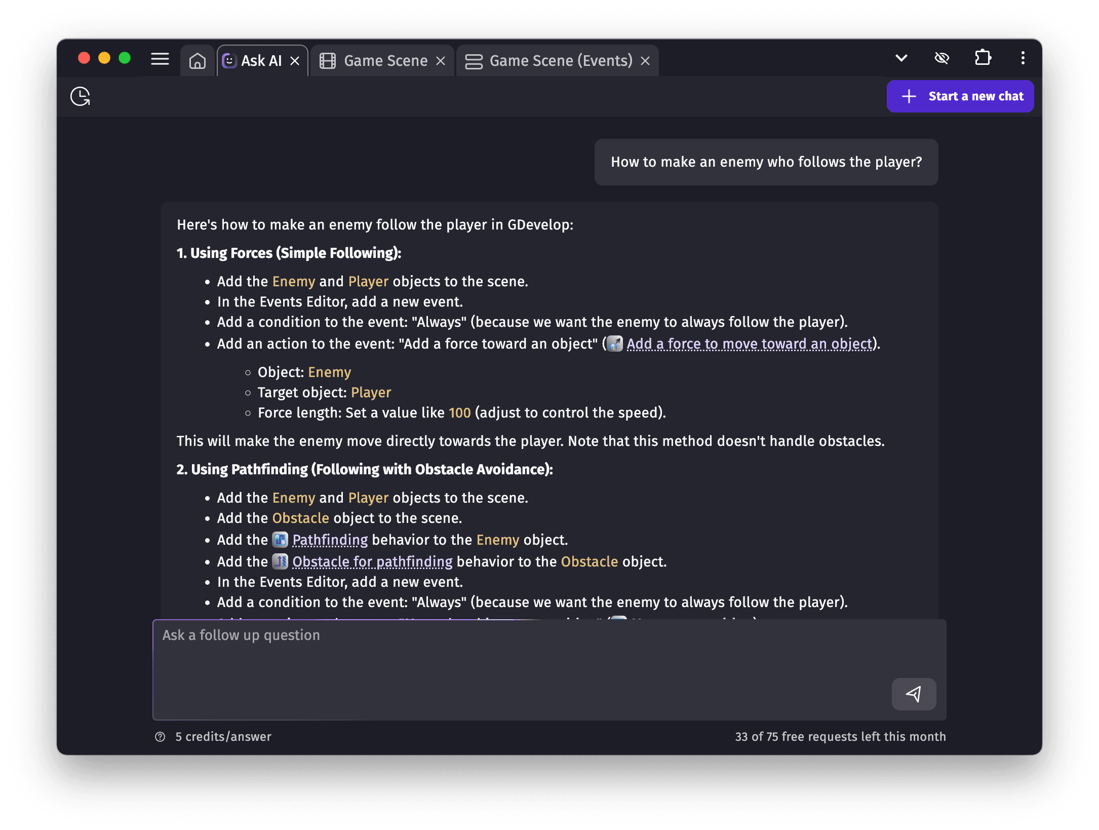 A conversation with the AI chat